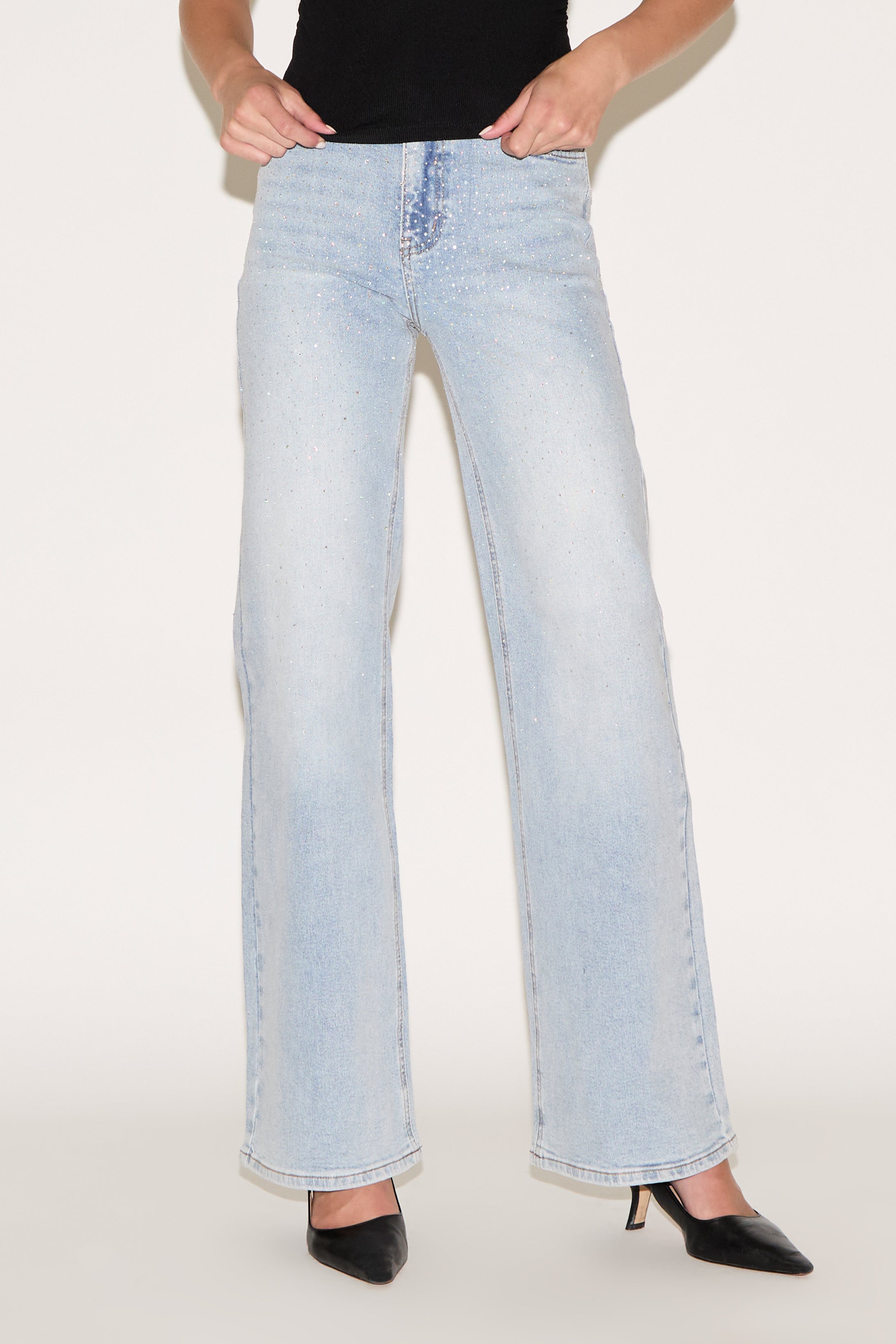 IRIDESCENT RHINESTONE HIGH RISE WIDE LEG DENIM PANT