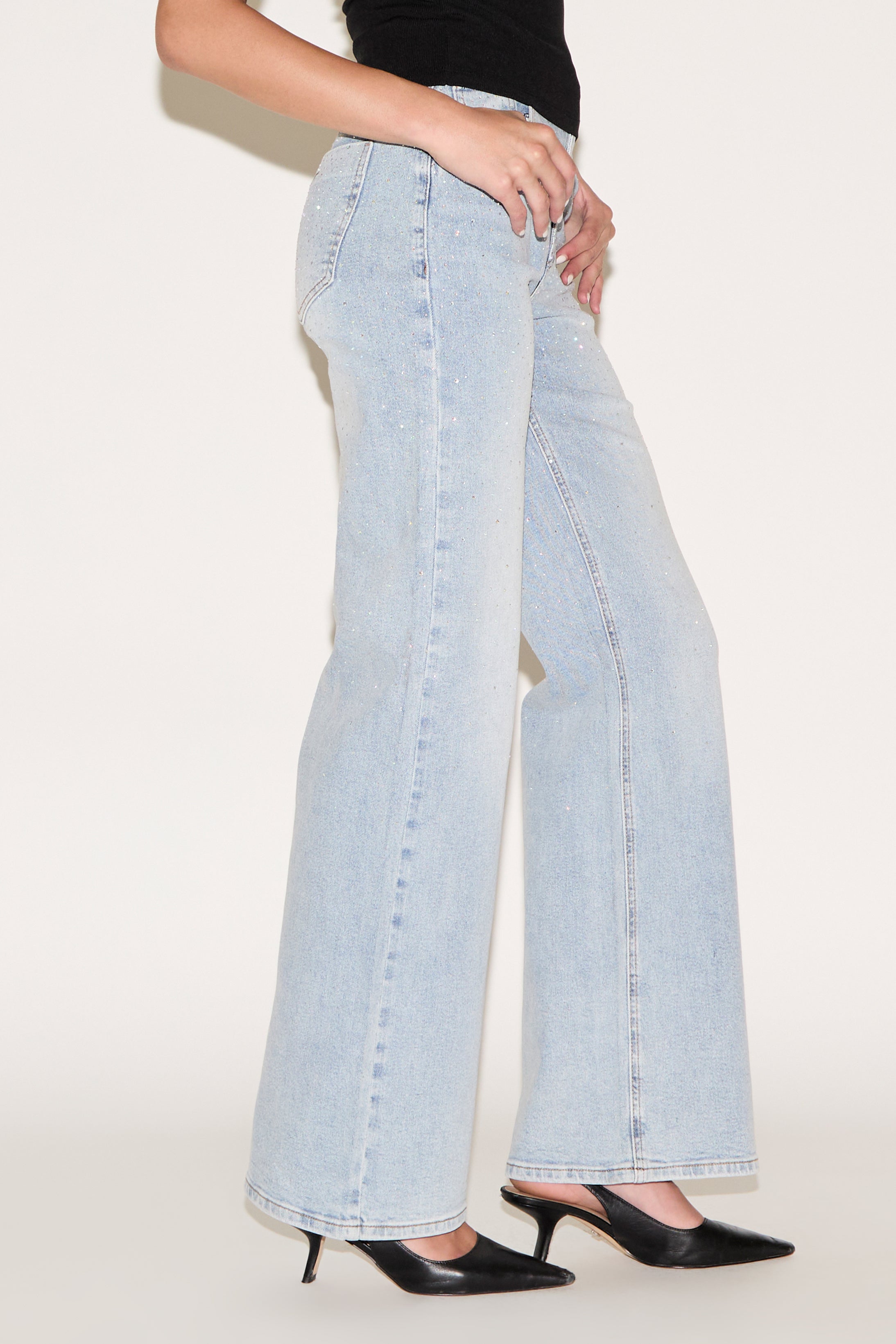 IRIDESCENT RHINESTONE HIGH RISE WIDE LEG DENIM PANT
