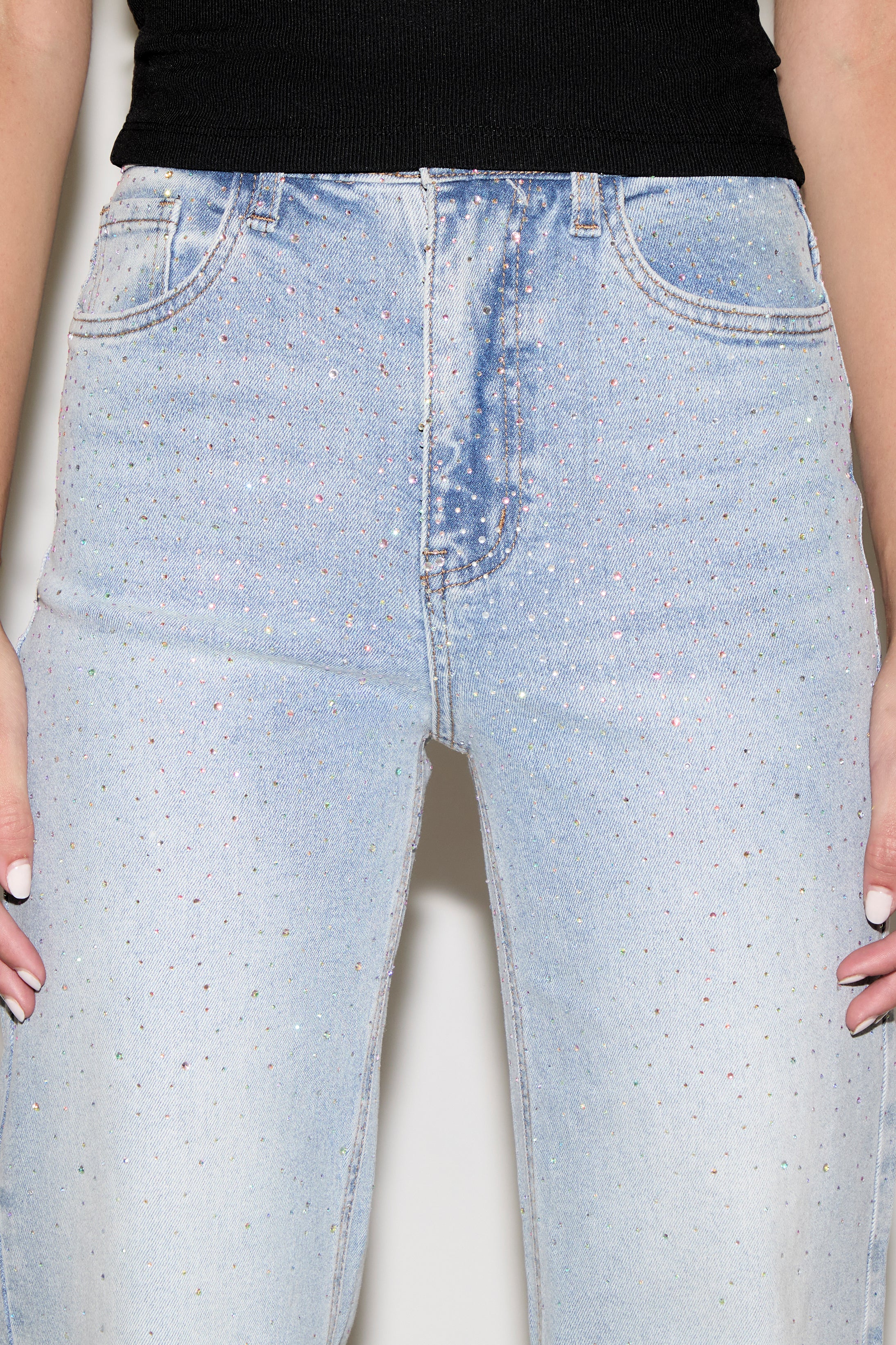 IRIDESCENT RHINESTONE HIGH RISE WIDE LEG DENIM PANT
