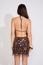 BEADED MESH & FRINGE HALTER MINI DRESS