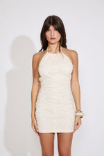TEXTURED FLORAL MESH HALTER NECK MINI DRESS