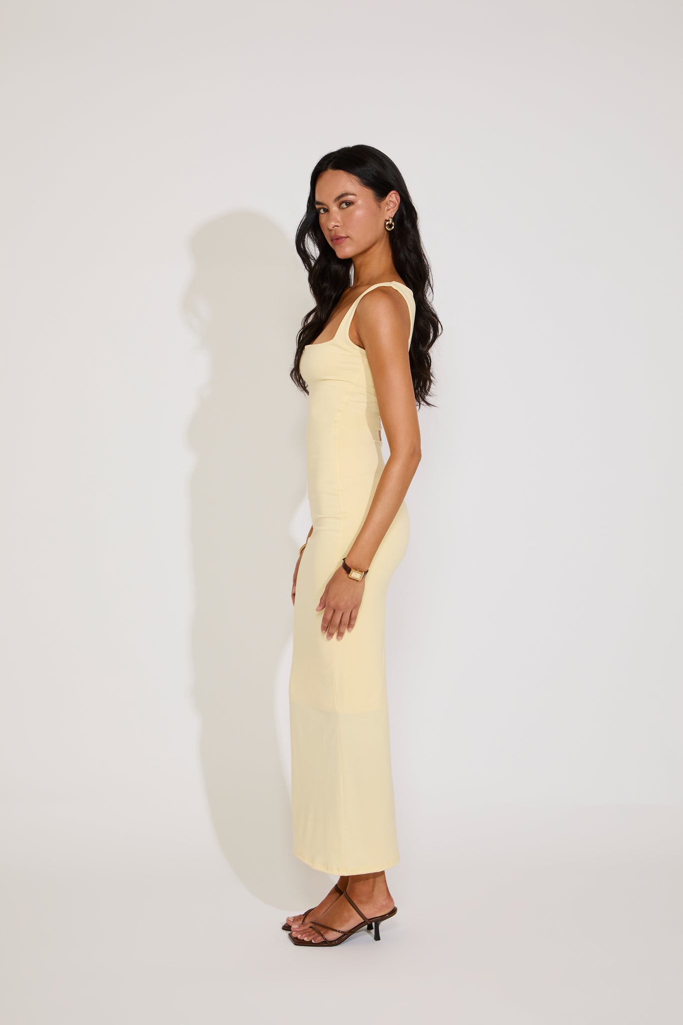 SQUARE NECK SLIGHT COWL SLEEVELESS MAXI DRESS FB / YELLOW / L SQUARE NECK SLIGHT COWL SLEEVELESS MAXI DRESS FB / YELLOW / L