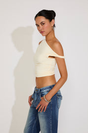 SHOULDER TWIST ASYMMETRIC NECKLINE RUCHED TOP