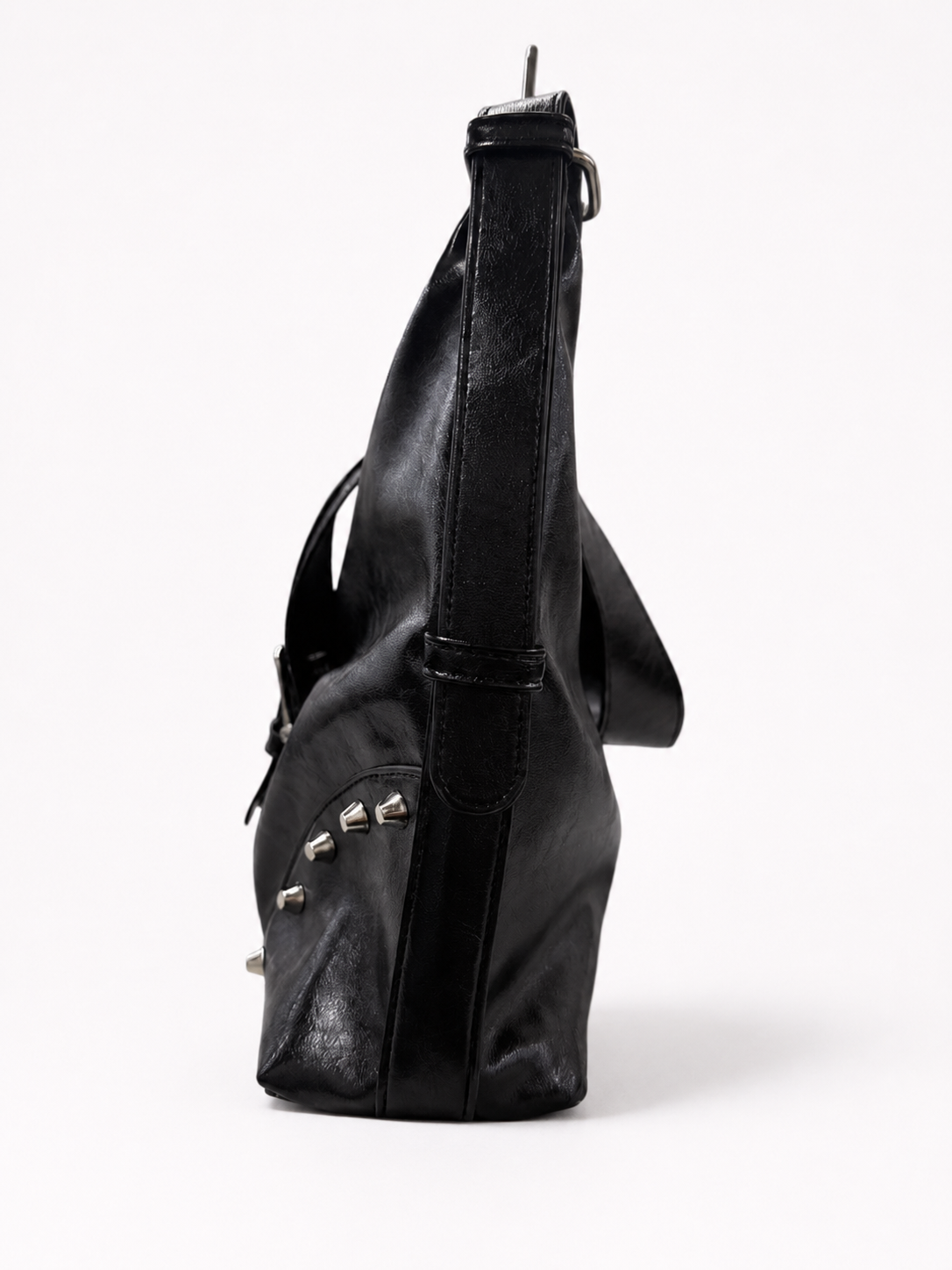 STUDDED HARNESS AND ACCENTS HOBO VEGAN LEATHER BAG