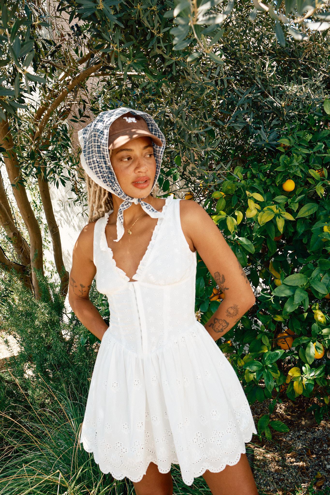 V-NECK EYELET CORSET FRONT MINI DRESSDRES