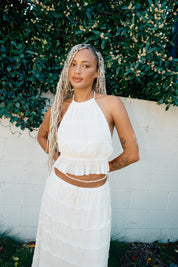 TIERED PLEATED RUFFLE TIE TOP & MAXI SKIRT SET