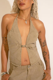 BUCKLE HALTER WASHED CROP TOP