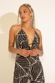 DEEP V NECK PRINTED HALTER WIDE PANT JUMPSUIT