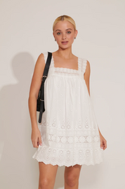 SQUARE-NECK EYELET SHOULDER STRAPPED MINI DRESS