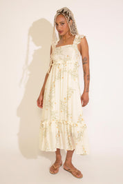 FLORAL RUFFLE DETAIL SLEEVELESS MIDI DRESS