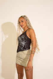 ONE STRAP FLORAL MESH OVERLAY RHINESTONE TOP