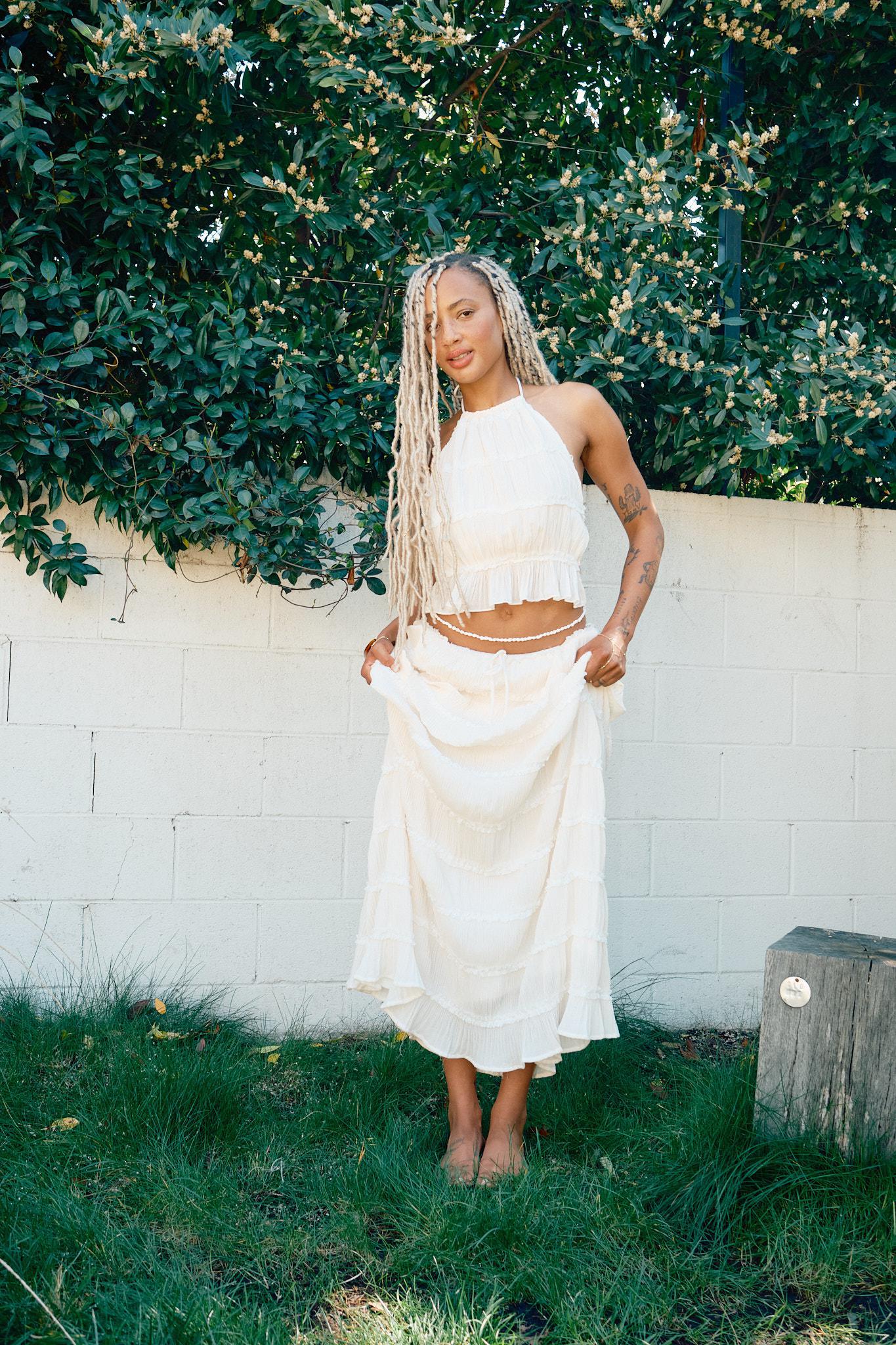 TIERED PLEATED RUFFLE TIE TOP & MAXI SKIRT SET