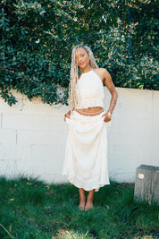 TIERED PLEATED RUFFLE TIE TOP & MAXI SKIRT SET