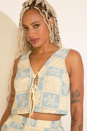 CROCHET LOOK SQUARE PATTERN TIE FRONT VEST