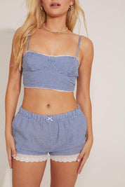 LACE TRIM GINGHAM TOP & SHORT SET