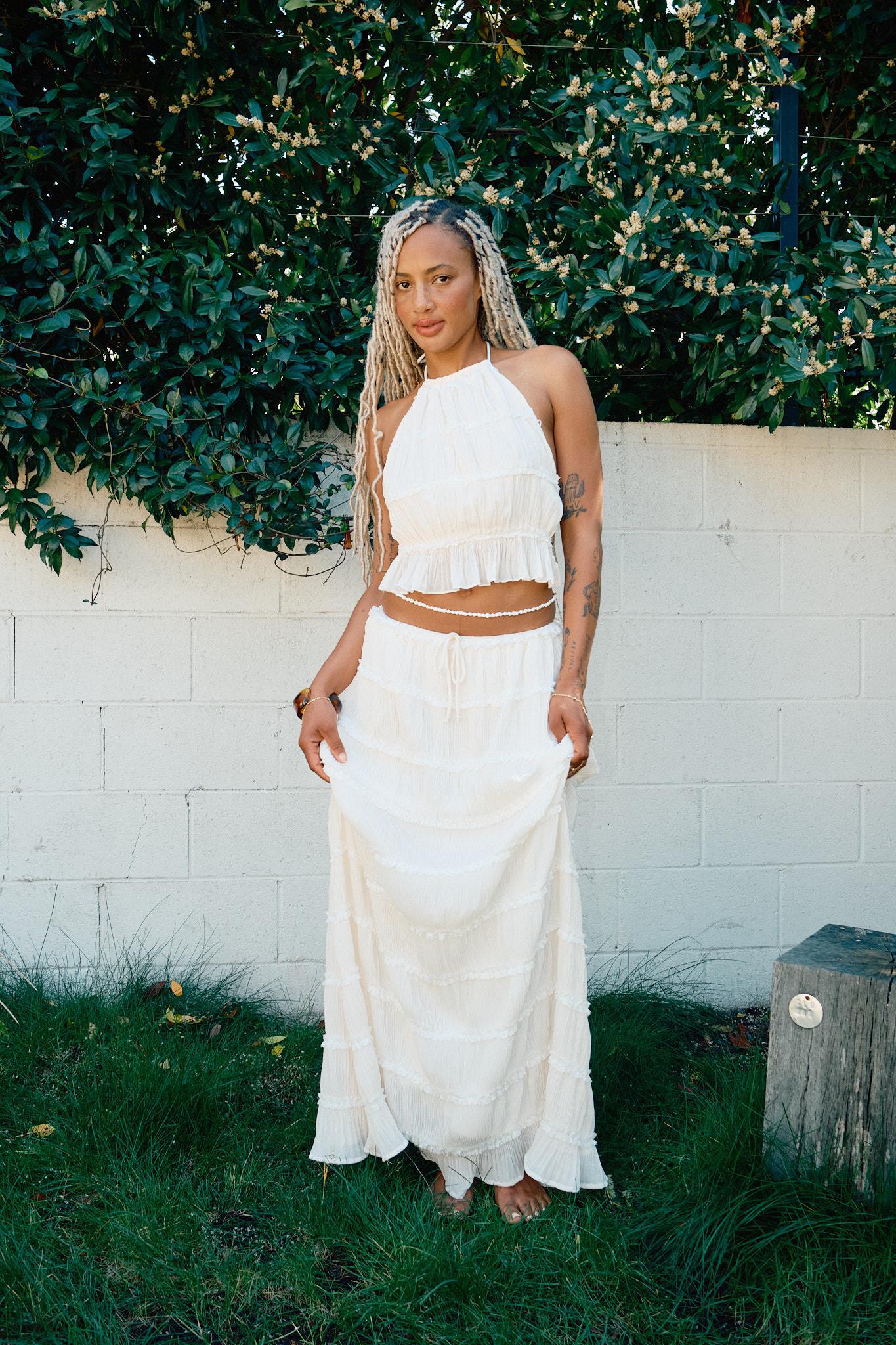 TIERED PLEATED RUFFLE TIE TOP & MAXI SKIRT SET