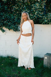 TIERED PLEATED RUFFLE TIE TOP & MAXI SKIRT SET