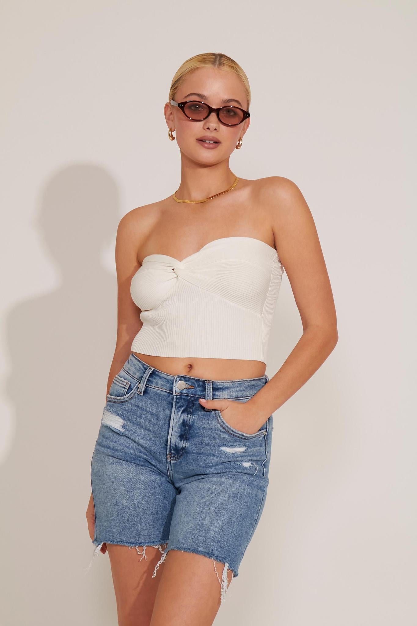 TUMMY CONTROL HIGH-RISE LOOSE FIT MID LENGTH DENIM SHORTS