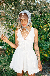 V-NECK EYELET CORSET FRONT MINI DRESSDRES