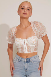 FLORAL PRINT PUFF SLEEVE CROPPED CORSET TOP
