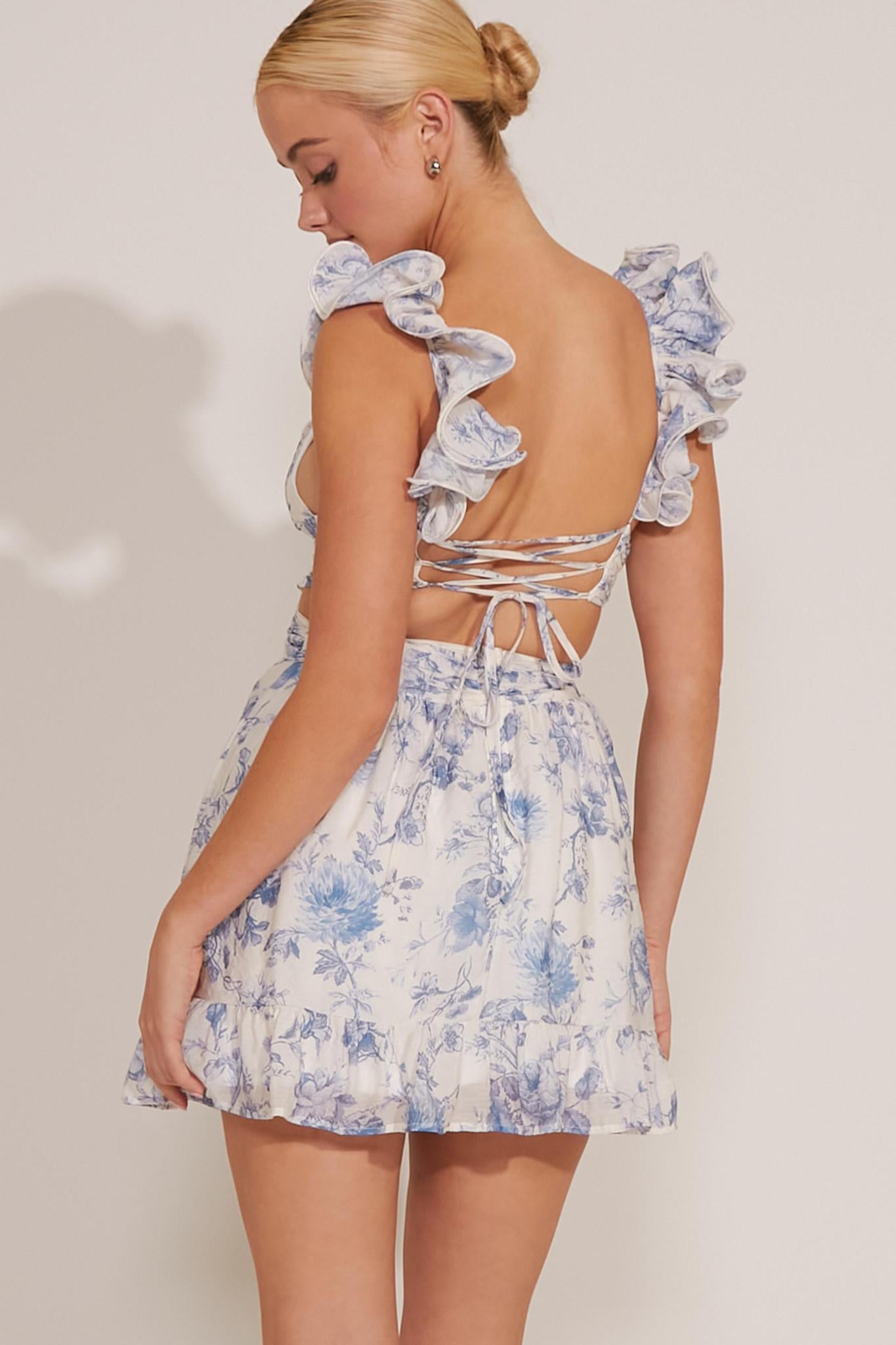 FLORAL SWIRLY STRAP SHIRRED MINI DRESS