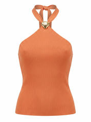 Ghost mannequin product image of a peach RIB KNIT TIE NECK METAL DETAIL SLEEVELESS TOP on a white background.