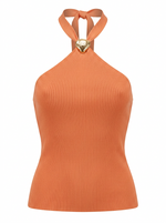 Ghost mannequin product image of a peach RIB KNIT TIE NECK METAL DETAIL SLEEVELESS TOP on a white background.