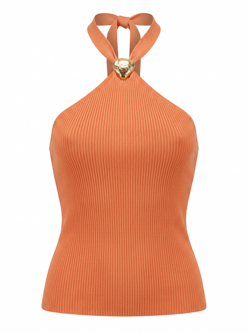 Ghost mannequin product image of a peach RIB KNIT TIE NECK METAL DETAIL SLEEVELESS TOP on a white background.