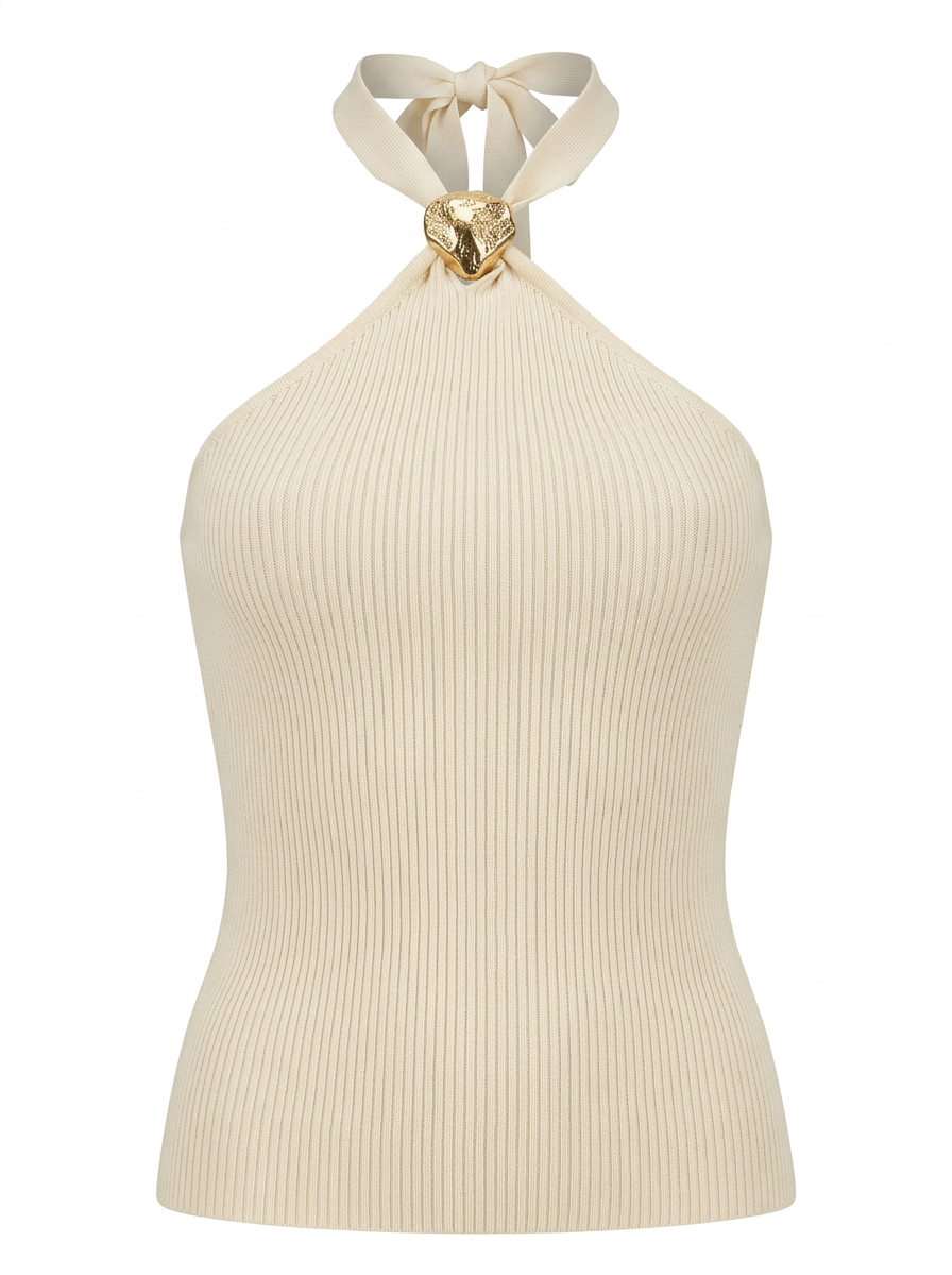 Ghost mannequin product image of a white RIB KNIT TIE NECK METAL DETAIL SLEEVELESS TOP on a white background.
