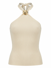 Ghost mannequin product image of a white RIB KNIT TIE NECK METAL DETAIL SLEEVELESS TOP on a white background.