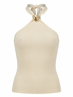 Ghost mannequin product image of a white RIB KNIT TIE NECK METAL DETAIL SLEEVELESS TOP on a white background.
