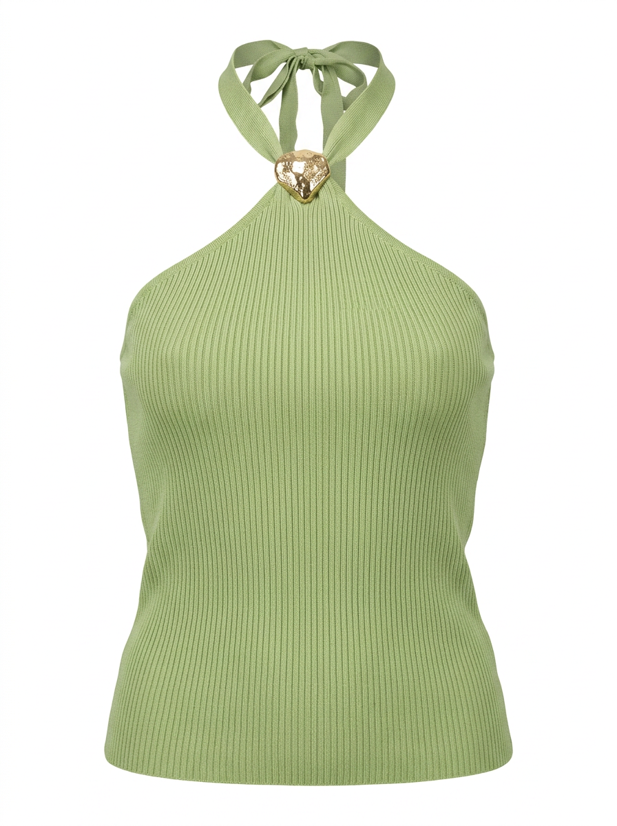 Ghost mannequin product image of a green RIB KNIT TIE NECK METAL DETAIL SLEEVELESS TOP on a white background.