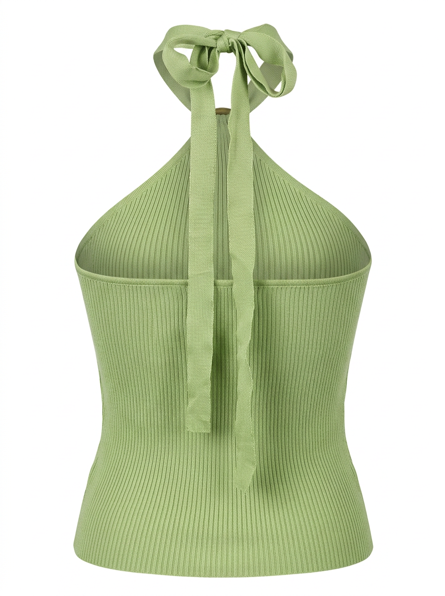 Ghost mannequin product image of a green RIB KNIT TIE NECK METAL DETAIL SLEEVELESS TOP on a white background.