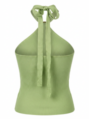 Ghost mannequin product image of a green RIB KNIT TIE NECK METAL DETAIL SLEEVELESS TOP on a white background.