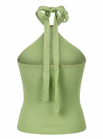 Ghost mannequin product image of a green RIB KNIT TIE NECK METAL DETAIL SLEEVELESS TOP on a white background.