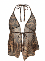 Ghost cut image of a brown HALTER NECK METAL DETAIL ANIMAL PRINT BUTTERFLY TOP on a white background.