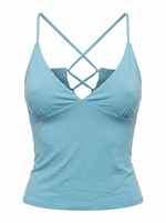 Ghost cut image of an aqua CROSS TIE BACK V NECK SLEEVELESS TOP on a white background.