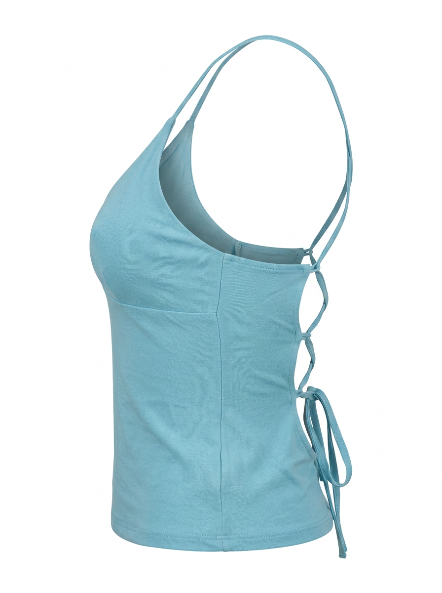 Ghost cut image of an aqua CROSS TIE BACK V NECK SLEEVELESS TOP on a white background.