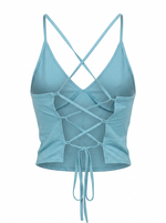Ghost cut image of an aqua CROSS TIE BACK V NECK SLEEVELESS TOP on a white background.