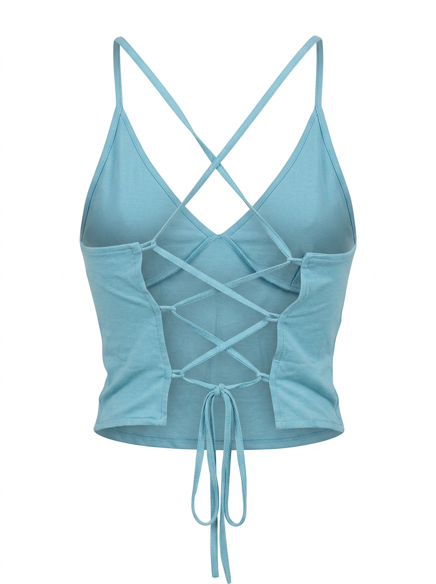 Ghost cut image of an aqua CROSS TIE BACK V NECK SLEEVELESS TOP on a white background.