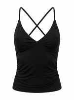 Ghost cut image of a black CROSS TIE BACK V NECK SLEEVELESS TOP on a white background.