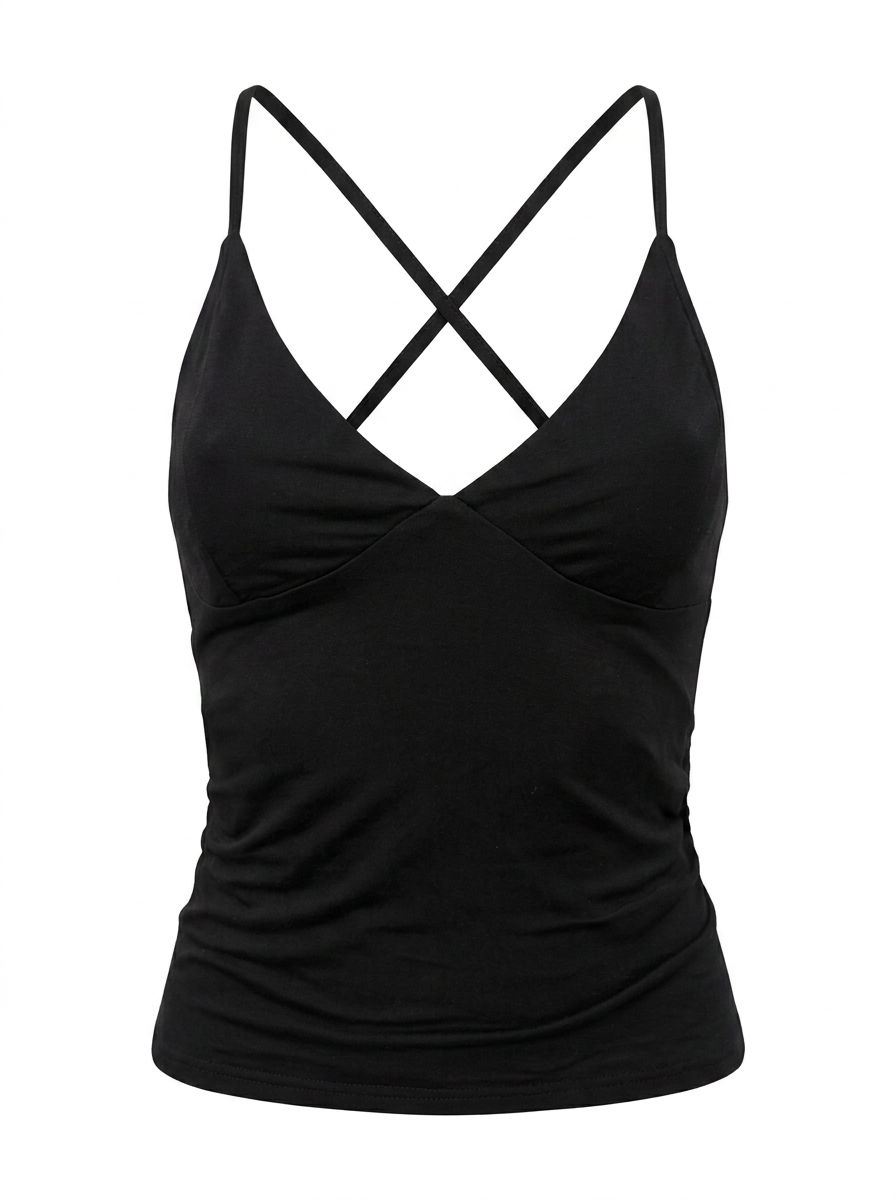 Ghost cut image of a black CROSS TIE BACK V NECK SLEEVELESS TOP on a white background.