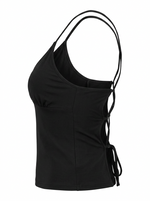 Ghost cut image of a black CROSS TIE BACK V NECK SLEEVELESS TOP on a white background.