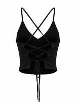 Ghost cut image of a black CROSS TIE BACK V NECK SLEEVELESS TOP on a white background.