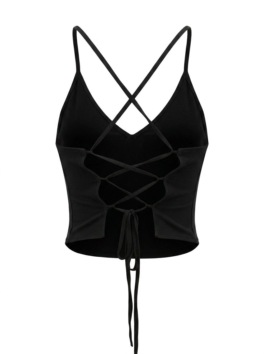 Ghost cut image of a black CROSS TIE BACK V NECK SLEEVELESS TOP on a white background.
