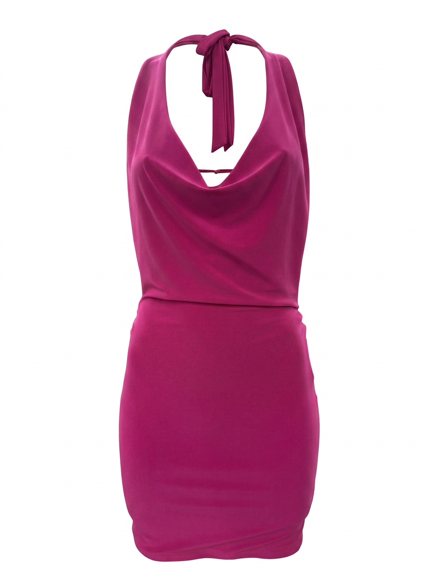 Ghost cut image of a magenta TIE HALTER NECK COWLED MINI DRESS on a white background.
