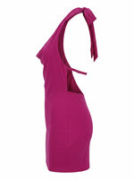 Ghost cut image of a magenta TIE HALTER NECK COWLED MINI DRESS on a white background.