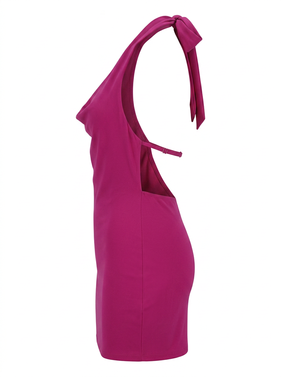 Ghost cut image of a magenta TIE HALTER NECK COWLED MINI DRESS on a white background.