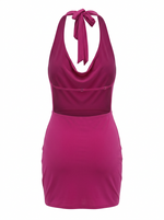 Ghost cut image of a magenta TIE HALTER NECK COWLED MINI DRESS on a white background.