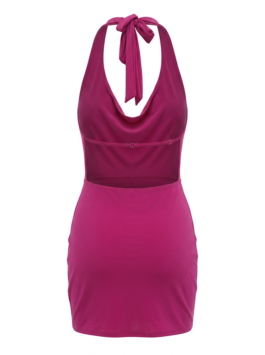 Ghost cut image of a magenta TIE HALTER NECK COWLED MINI DRESS on a white background.